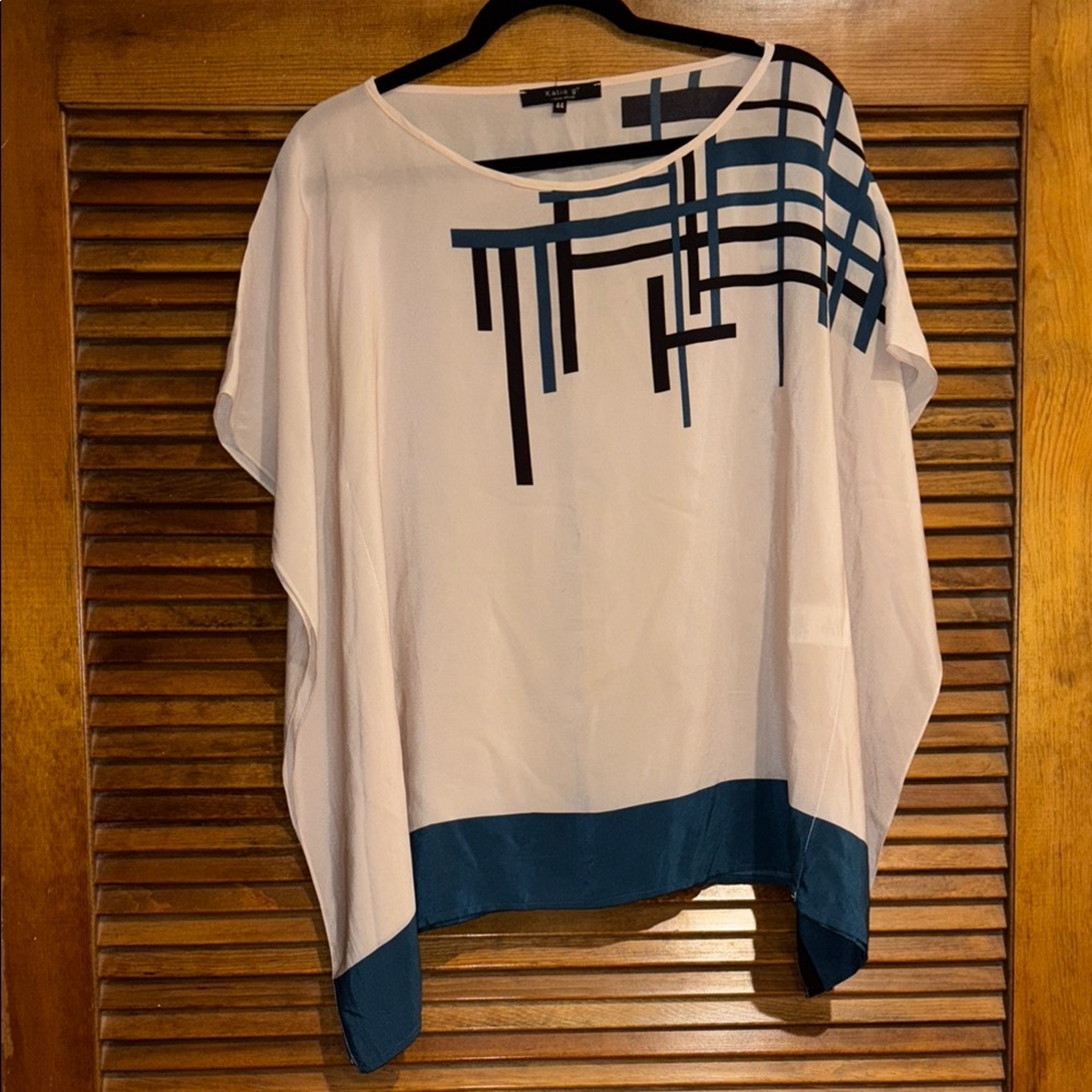 Pure Silk Blouse in Cream and Blue with Asymmetrical Style
